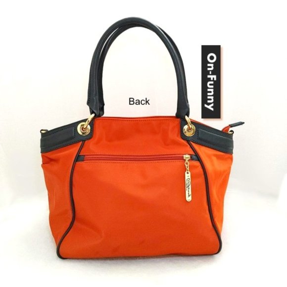 Orange Nylon Black Real Leather Trim Tote Travel Shopping Bag Carryall Shoulder - Picture 5 of 12